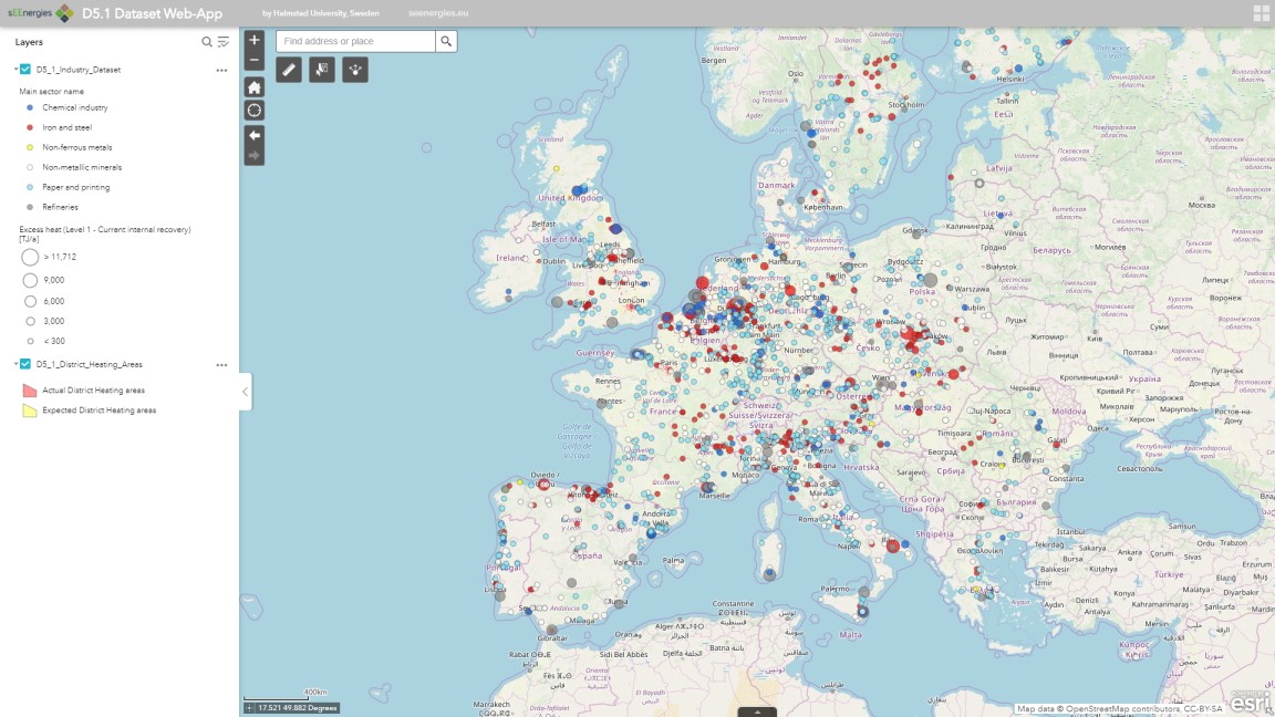 sEEnergies D5.1 Dataset Web-app with the industry dataset and the district heating areas dataset in zoomed-out view